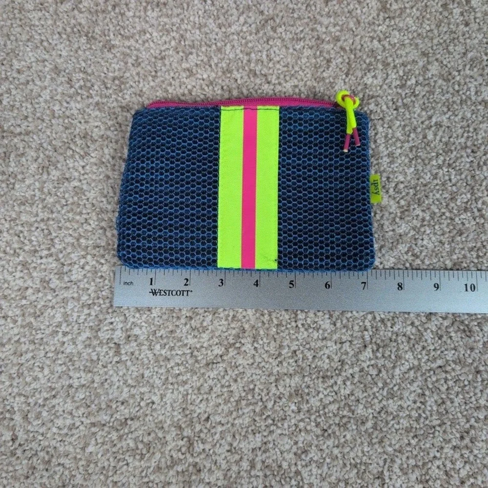Ipsy Blue Mesh Makeup Bag Cosmetic Pouch‎ Neon Green Pink Stripe Zipper